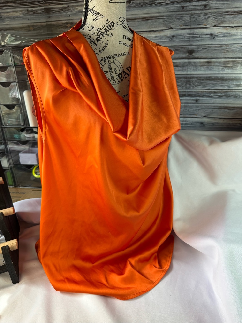 ★ Orange Sleeveless Cowl Neck Blouse Draped Career Top Size XL